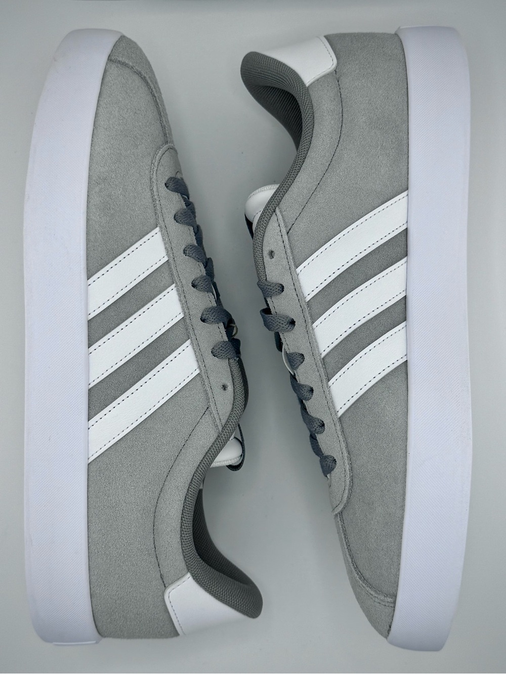 adidas Men's VL Court 3.0 Cloud Gray Suede Sneakers with White Stripes